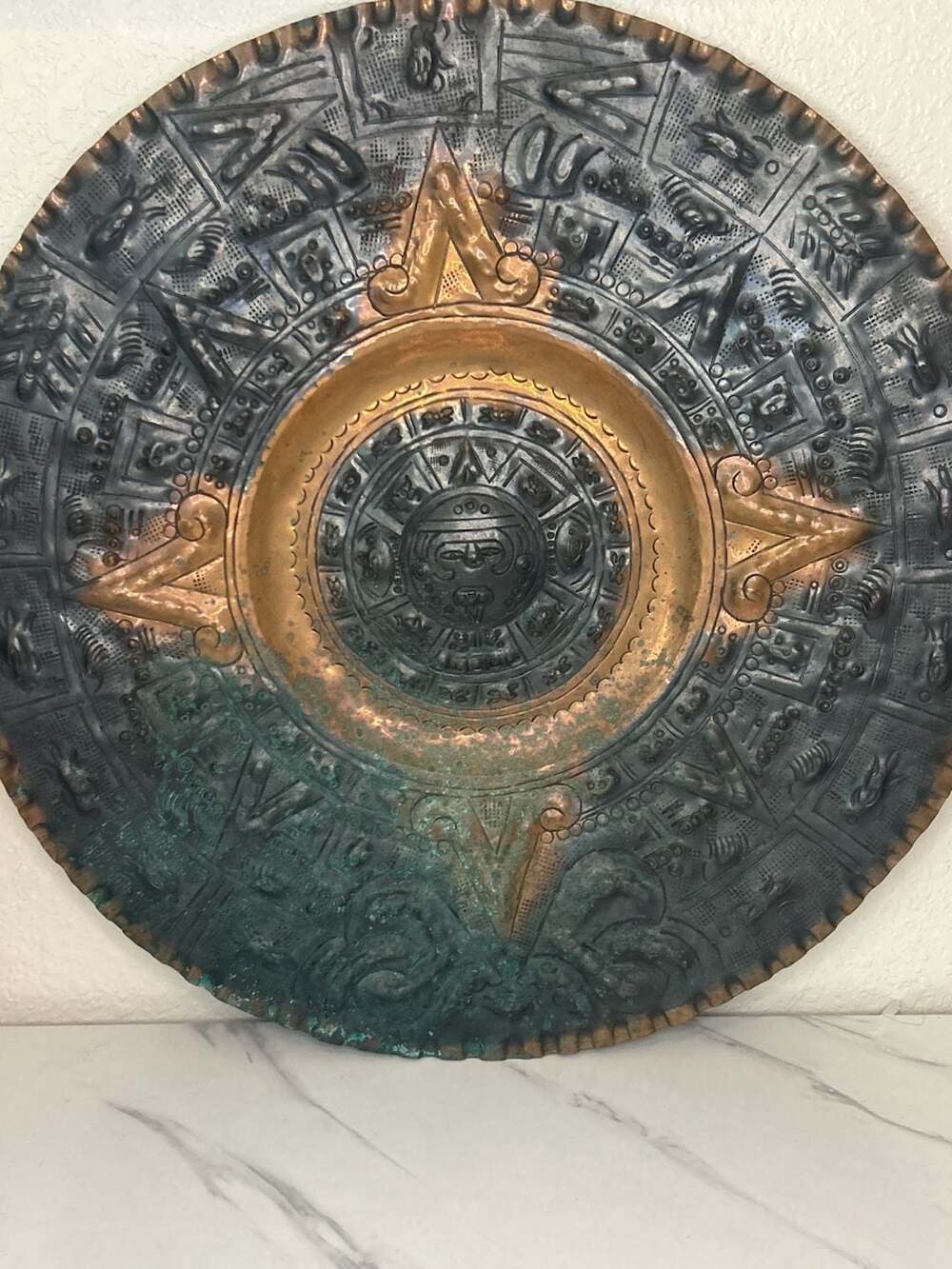 Vintage Mayan Calendar Copper Wall Hanging Aztec Sun Stone Hammered Art Handmade